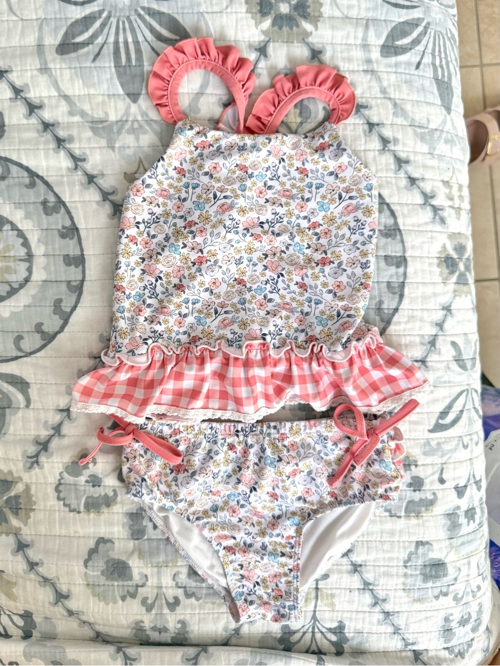 cheeky plum Girls Plaid & Floral Ruffle Bikini Set  size 6